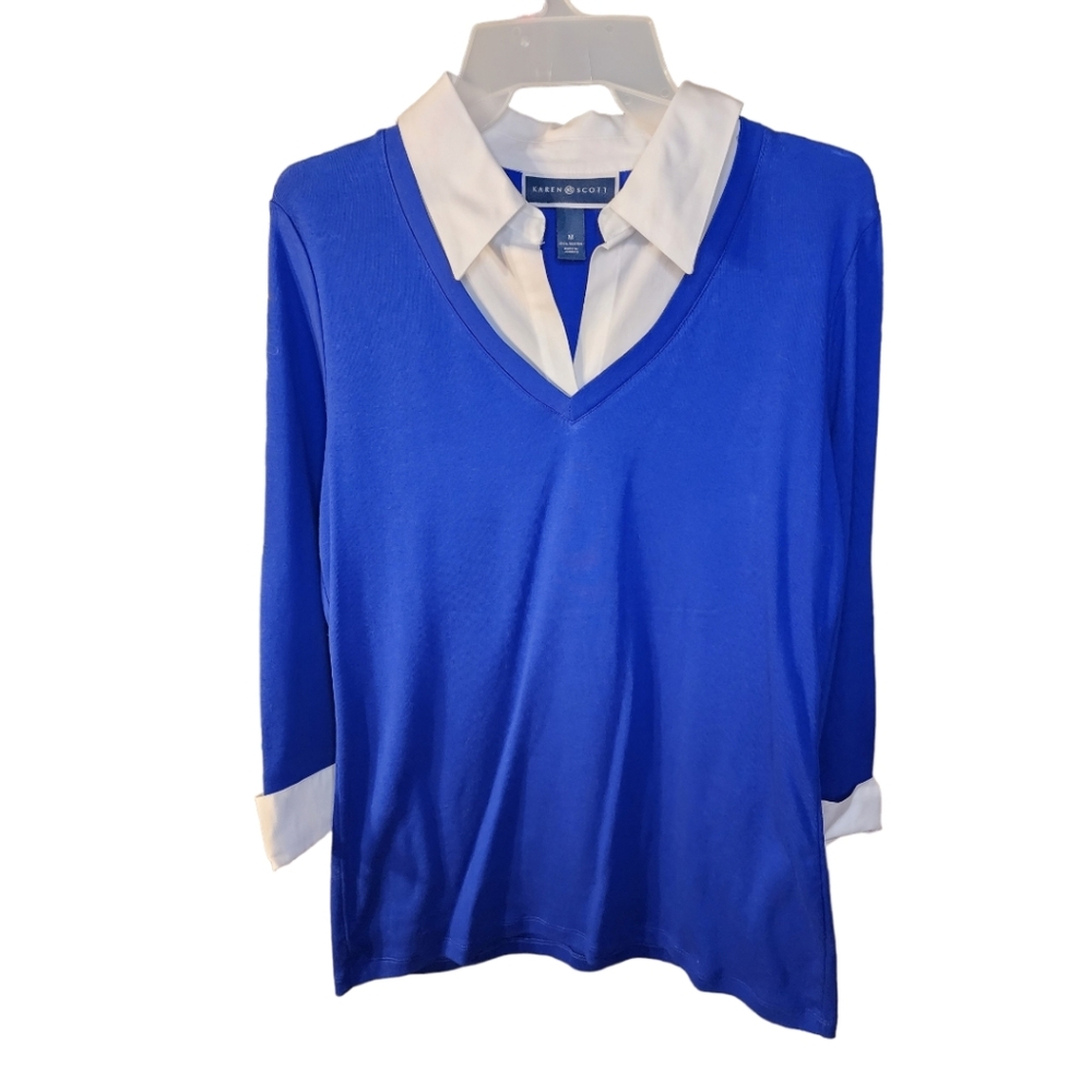 NWOT Karen Scott layered look 3/4 sleeves cuffed Med blue